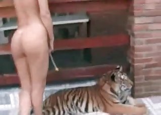 Blond-haired chick seducing a TIGER